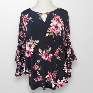 JM‎ Collection Woman Size 1X Blouse Top Shirt Ruffle Bell Sleeve Stretrch Flowy